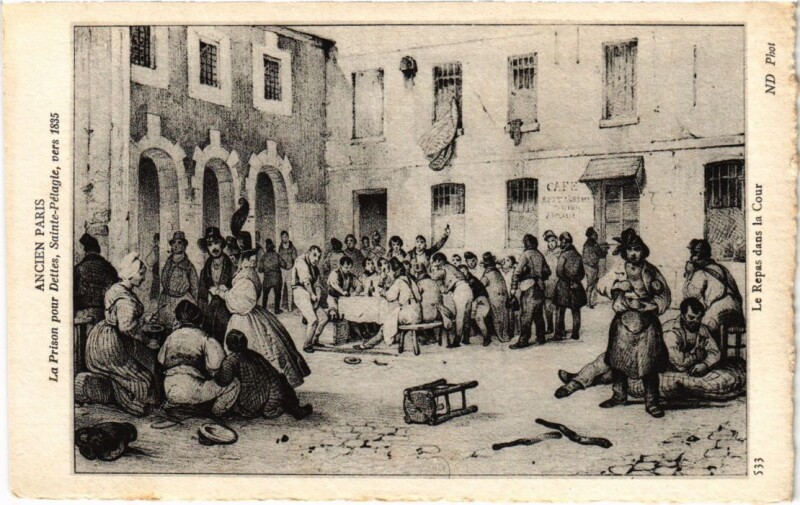 Carte postale ancienne Ancien Paris Repas dans la Cour Prison pour Dettes