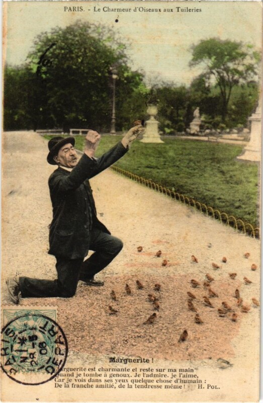 Carte postale ancienne Paris Petits Metiers Le charmeur d'oiseaux aux Tuileries