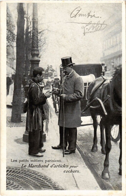 Carte postale ancienne Paris Petits Metiers Le Marchand d'articles pour cochers