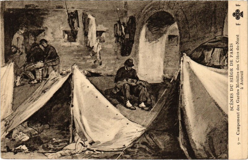 Carte postale ancienne Scènes du Siège de Paris - Campement des Gardes Mobiles des Côtes-du-Nord à Auteuil à Paris 16e