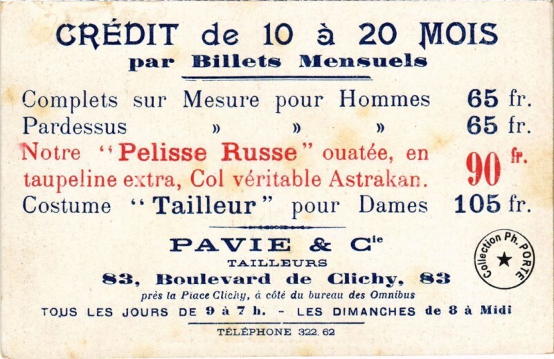 Carte postale ancienne Pavie et Compagnie - Tailleurs - 83, Boulevard de Clichy à Paris 9e