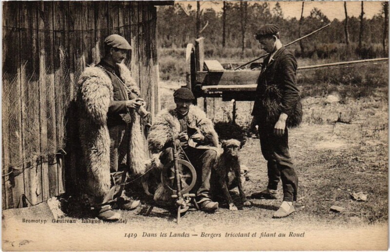 Carte postale ancienne Bergers tricotant et filant au Rouet France