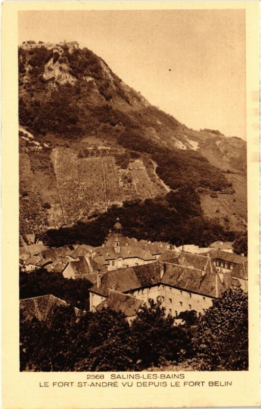 Carte postale ancienne Salins les Bains Le Fort Saint-Andre vu depuis le Fort Belin à Salins-les-Bains