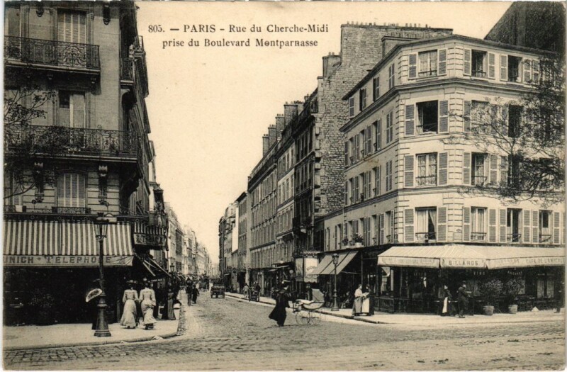 Carte postale ancienne Rue du Cherche-Midi prise du Boulevard Montparnasse à Paris 6e