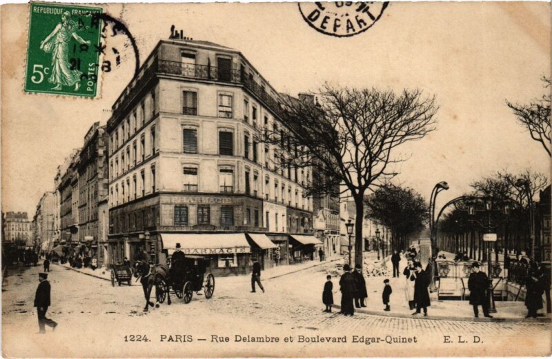 Carte postale ancienne Rue Delambre et Boulevard Edgar-Quinet à Paris 14e