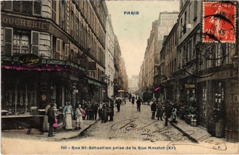 Carte postale ancienne Paris 11e Rue Saint-Sebastien Rue Amelot à Paris 11e