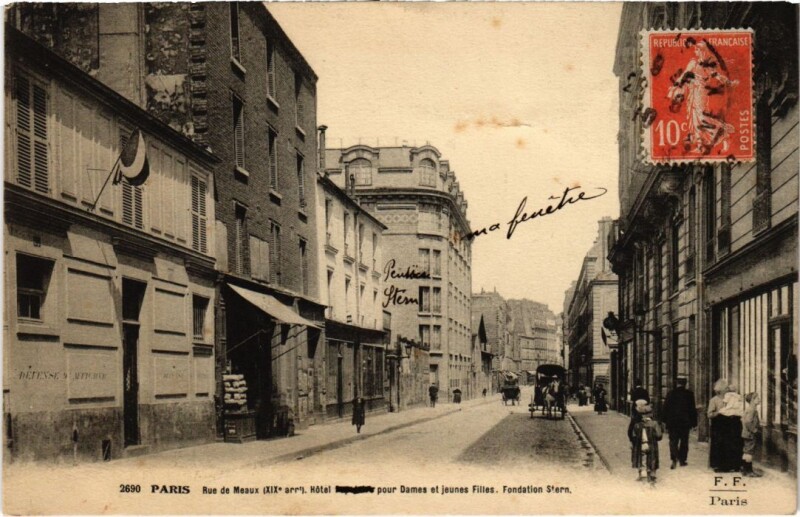Carte postale ancienne Rue de Meaux - Hôtel Populaire pour Dames et jeunes Filles - Fondation Stern F. Fleury à Paris 19e