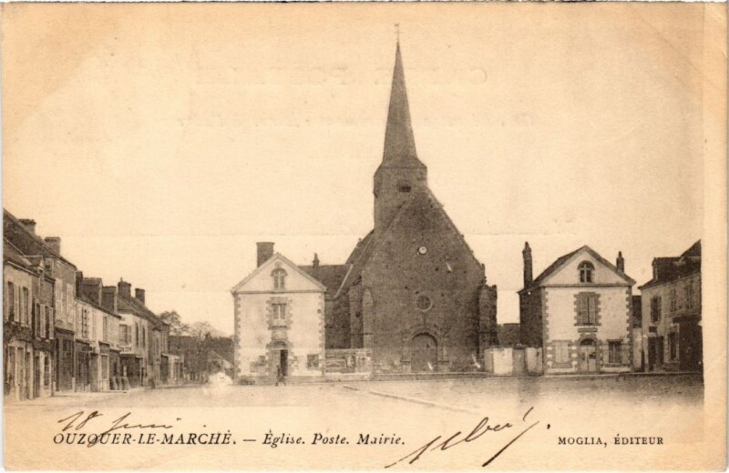 Carte postale ancienne Ouzouer le Marche Eglise, Poste, Mairie France