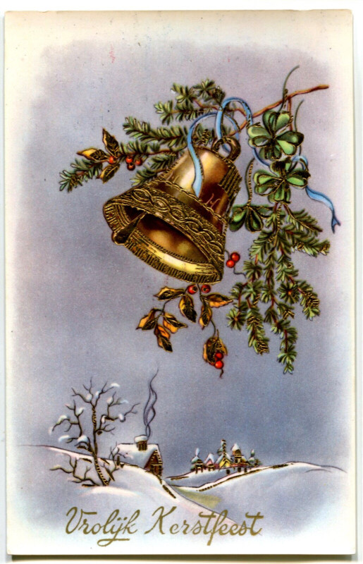 Carte postale ancienne Fantaisie Fête Joyeux Noël vrolyk kerstfeest Paysage et cloche carte glacée