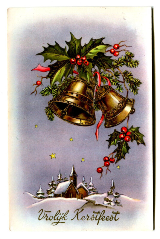 Carte postale ancienne Fantaisie Fête Joyeux Noël vrolyk kerstfeest Paysage et Houx carte glacée