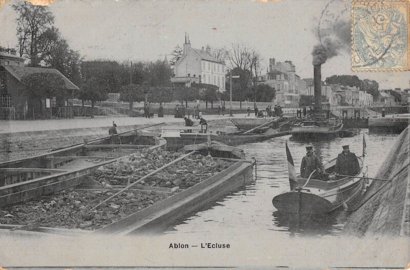 Carte postale ancienne Ablon - L'Ecluse - Peniche - Bateau - cpa émail