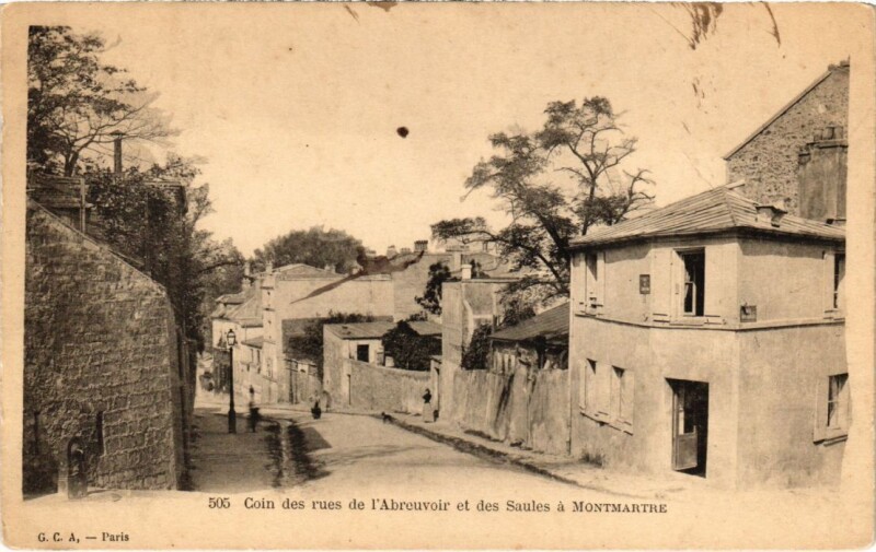 Carte postale ancienne Montmartre - Carrefour des rues de l'Abreuvoir et des Saules à Paris 18e
