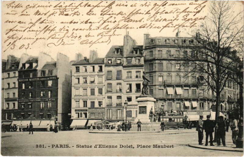 Carte postale ancienne Paris 5e Statue d'Etienne Dolet Place maubert à Paris 5e