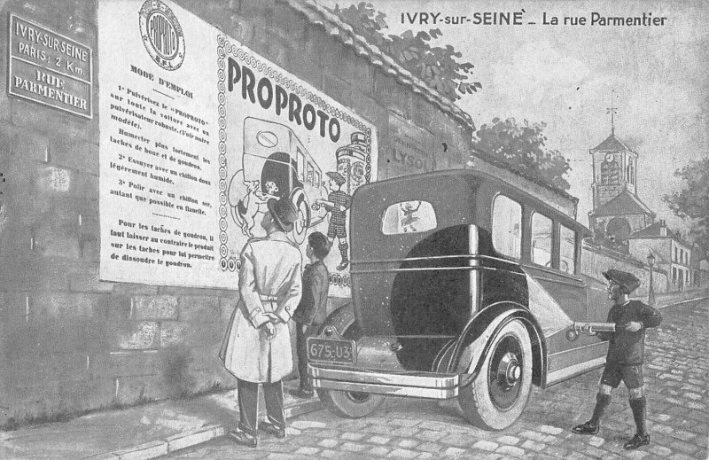 Carte postale ancienne Ivry Sur Seine - La Rue Parmentier - Publicite - Voiture - Proproto à Ivry-sur-Seine