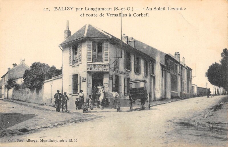 Carte postale ancienne Balizy - Par Longjumeau - Au Soleil Levant - F.michelon - Tabacs - Route à Longjumeau