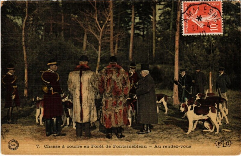 Carte postale ancienne Fontainebleau Au rendez vous, Chasse a Courre en Foret France à Fontainebleau