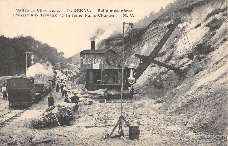Carte postale ancienne Orsay / Pelle Mecanique / Utilisee Aux Travaux De La Ligne Paris Chartres à Orsay