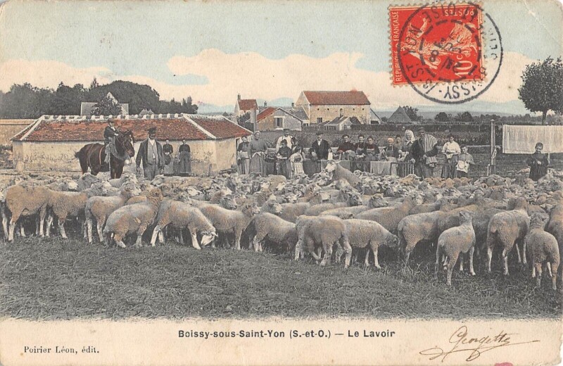 Carte postale ancienne Boissy Sous Saint Yon - Le Lavoir - Lavandieres - Moutons - cliché colori à Boissy-sous-Saint-Yon