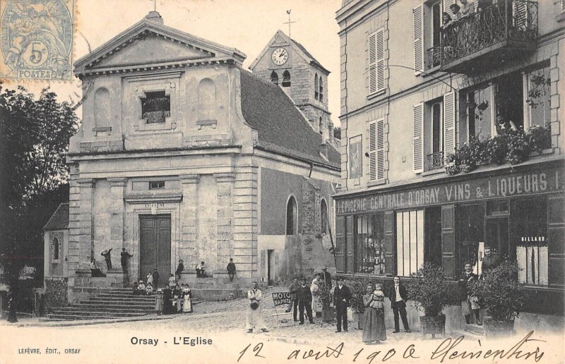 Carte postale ancienne Orsay - L'Eglise - Epicerie Centrale à Orsay