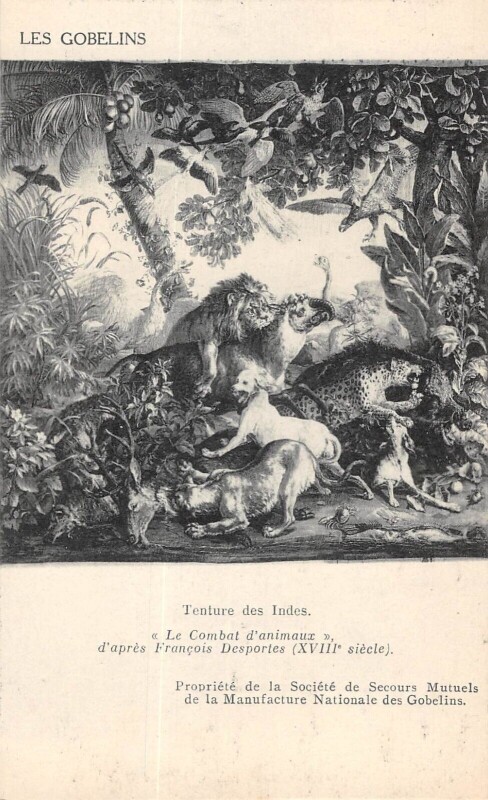 Carte postale ancienne Paris 13e Manufacture Des Gobelins Tenture Des Indes Combat D'Animaux à Paris 13e