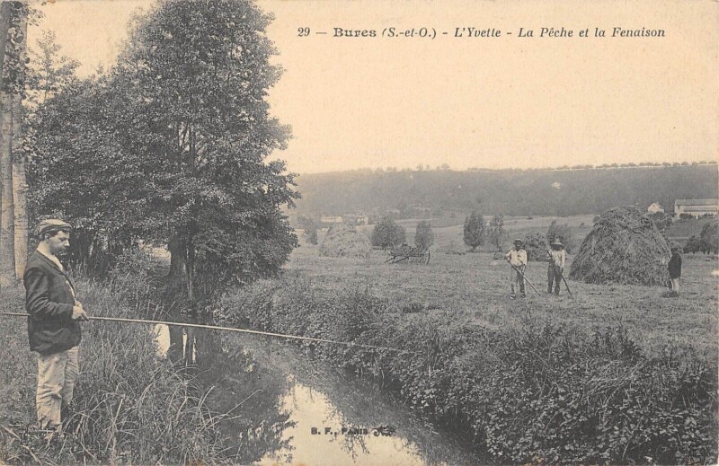Carte postale ancienne Bures - L'Yvette - La Peche - La Fenaison