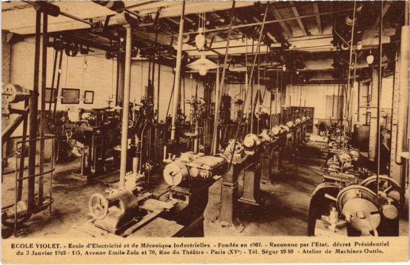 Carte postale ancienne Ecole Violet - Ecole d'Electricité et de Mécaniques Industrielles - Avenue Emile Zola et Rue du Théâtre - Atelier de Machines Outils à Paris 15e
