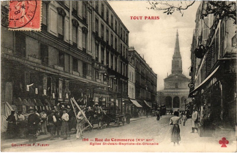 Carte postale ancienne Rue du Commerce - Eglise Saint-Jean-Baptiste-de-Grenelle à Paris 15e