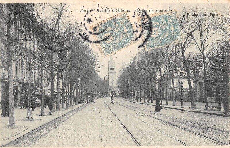 Carte postale ancienne Avenue d'Orléans - Eglise de Montrouge à Paris 14e