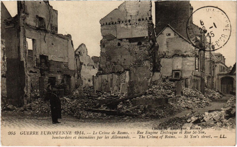 Carte postale ancienne Militaire - Le Crime de Reims - Rue Eugene Deseuque et Rue à Reims