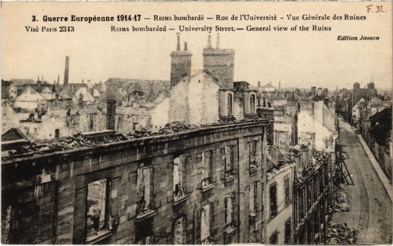 Carte postale ancienne Militaire - Reims Bombardé - Rue de l'Universite Vue générale à Reims