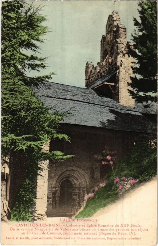 Carte postale ancienne Castillon les Bains- Calvaire et Eglise Romaine France