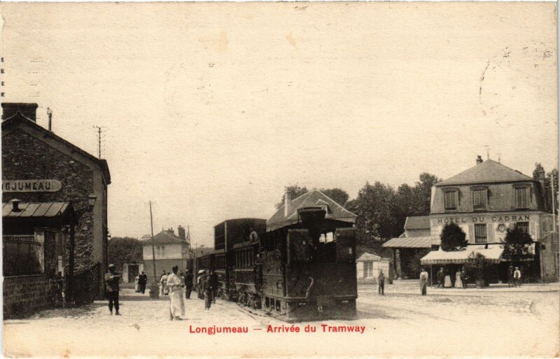 Carte postale ancienne Longjumeau Arrivee du Tramway Tram Vapeur à Longjumeau