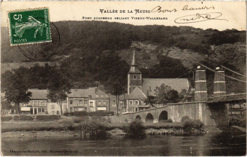 Carte postale ancienne Vallée de la Meuse - Pont Suspendu Reliant Vireux-Wallerand à Vireux-Wallerand