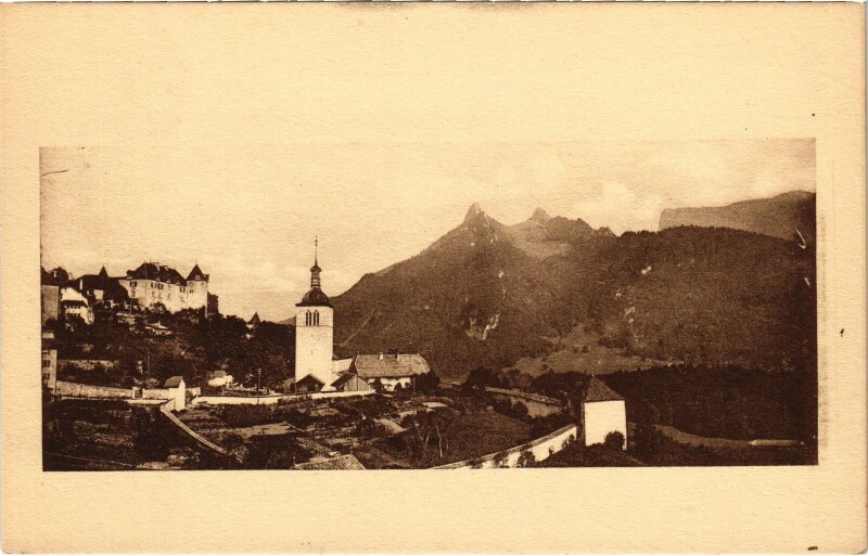 Carte postale ancienne Gruyeres - Panorama pris de la terrasse de l'Hotel à Gruyères