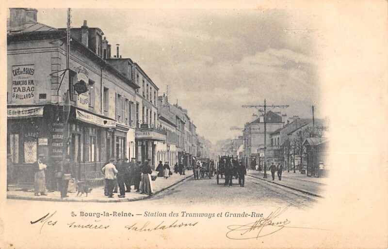 Carte postale ancienne Bourg La Reine Station Des Tramways Et Grande Rue à Bourg-la-Reine