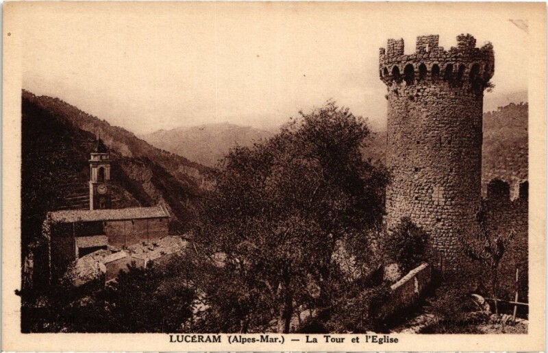 Carte postale ancienne Lucéram - La Tour et l'Eglise à Lucéram