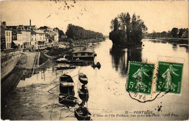 Carte postale ancienne Pontoise - Le Quai et l'Ile du Pothuis, vue prise du Pont à Pontoise