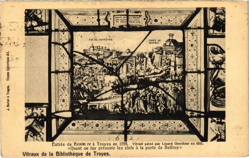 Carte postale ancienne Vitraux de la Bibliotheque de Troyes - Entrée de Henri Iv en 1595 à Troyes