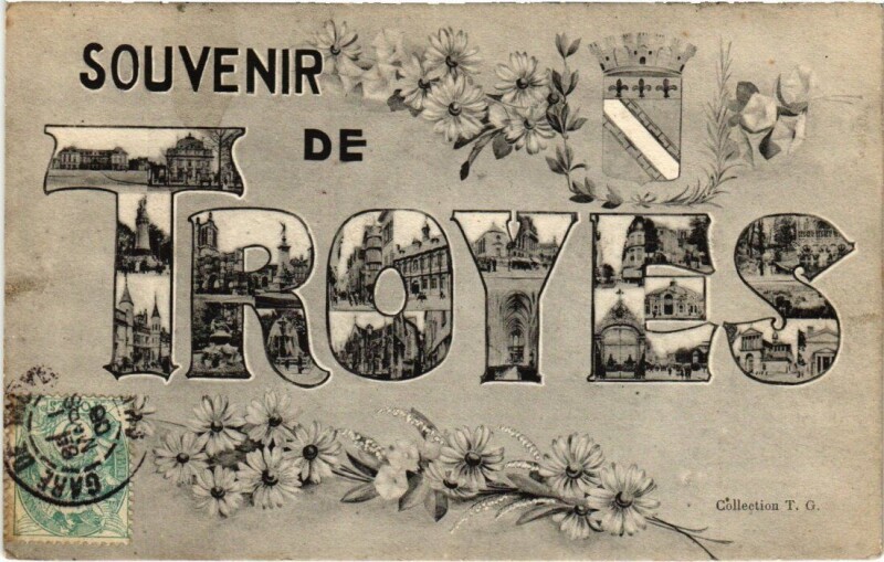 Carte postale ancienne Troyes - Souvenir collage dans les typos à Troyes