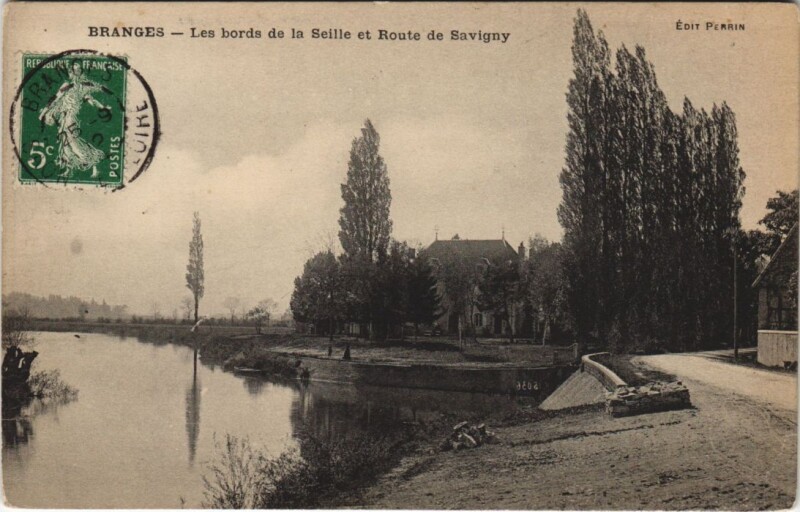 Carte postale ancienne Branges - Les bords de la Seille et Route de Savigny à Branges