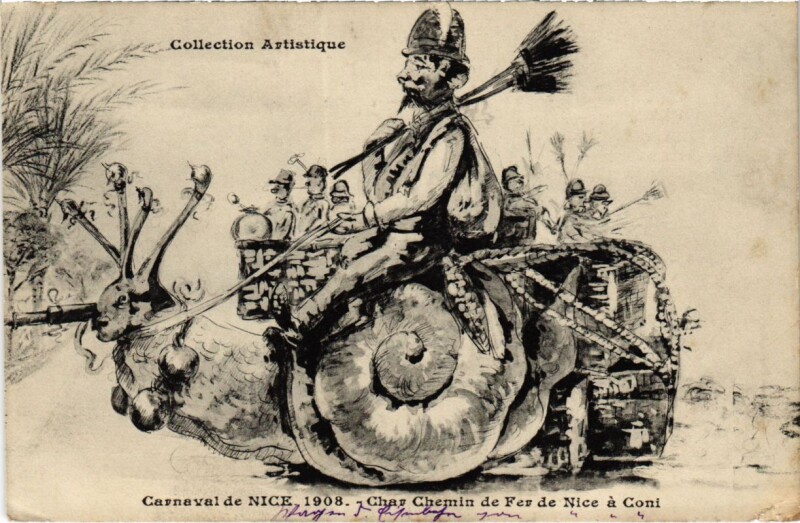 Carte postale ancienne Nice- Carnaval 1908,Char Chemin de Fer France