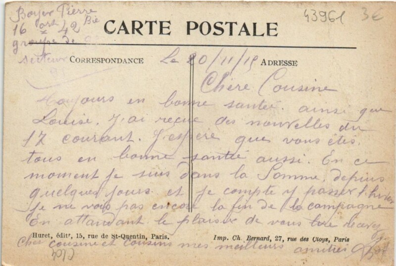Carte postale ancienne Hebuterne-L'Eglise au 5 Mars 1915