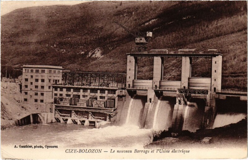 Carte postale ancienne Cize Bolozon- Le nouveau Barrage,Usine electrique France