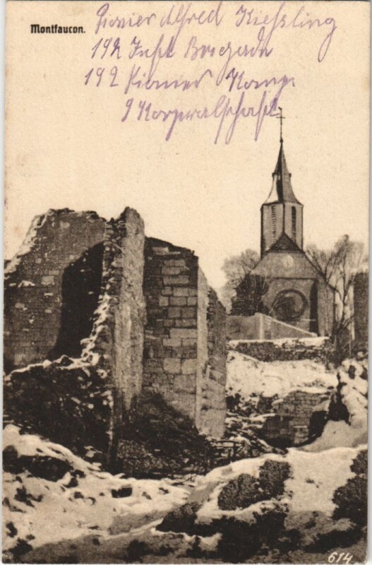 Carte postale ancienne Montfaucon - L'Eglise - Ruines à Montfaucon