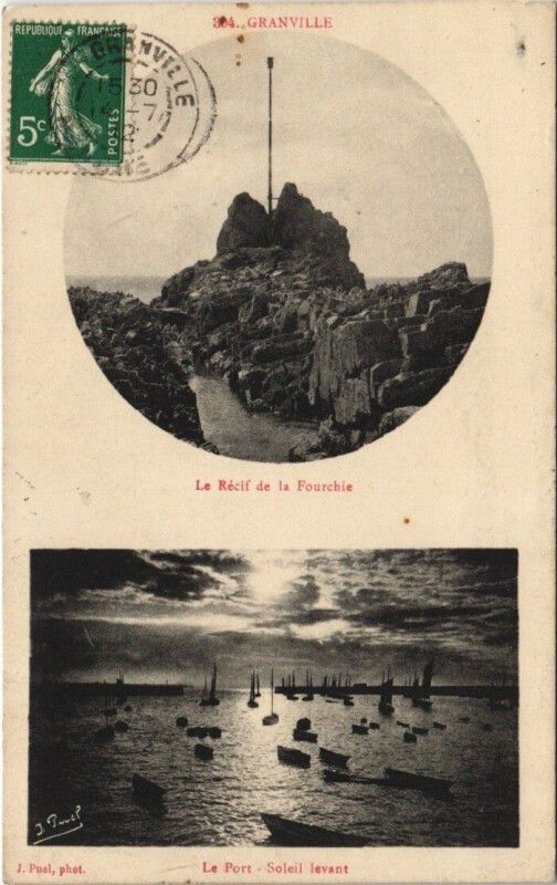 Carte postale ancienne Granville - Le Recif de la Fourchie Le Port Soleil levant à Granville