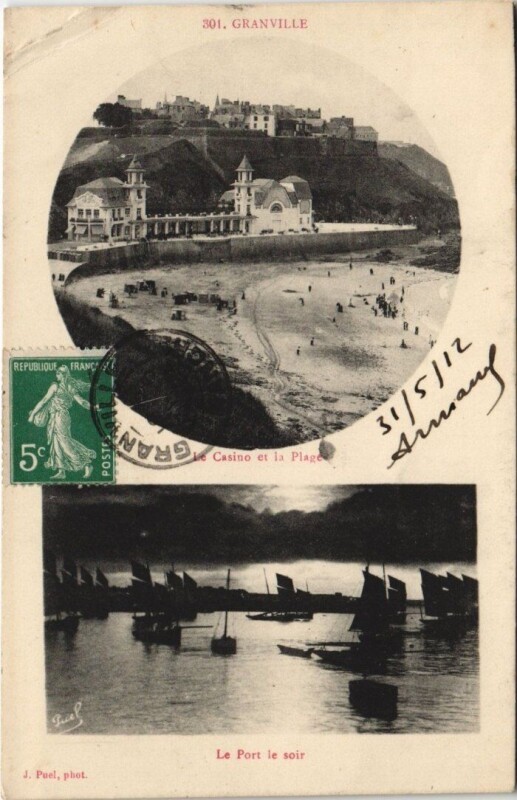 Carte postale ancienne Granville - Le Casino et la Plage Le Port le soir à Granville