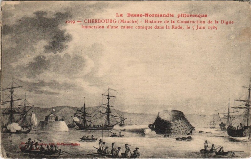 Carte postale ancienne Cherbourg - Histoire de la Construction de la Digue