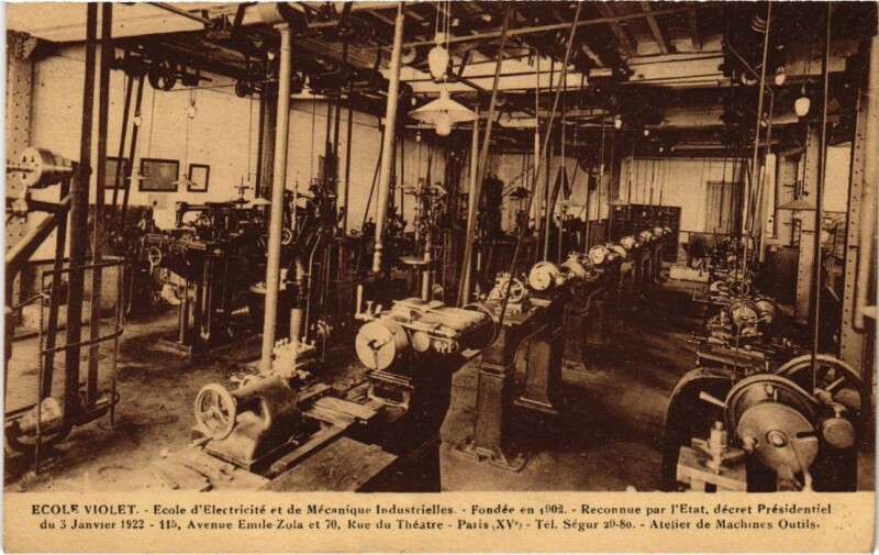 Carte postale ancienne Ecole Violet - Ecole d'Electricité et de Mécaniques Industrielles - Avenue Emile Zola et Rue du Théâtre - Atelier de Machines Outils à Paris 15e