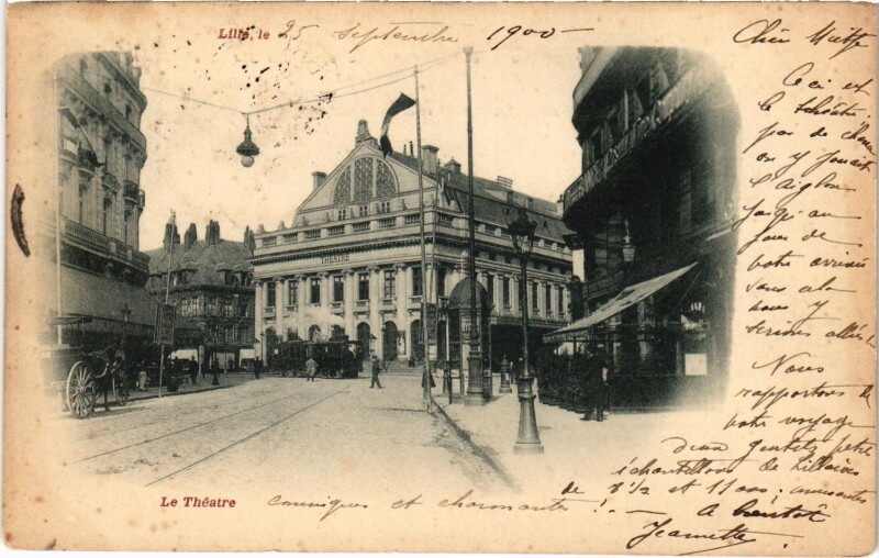 Carte postale ancienne Lille Le Theatre Tram Vapeur à Lille