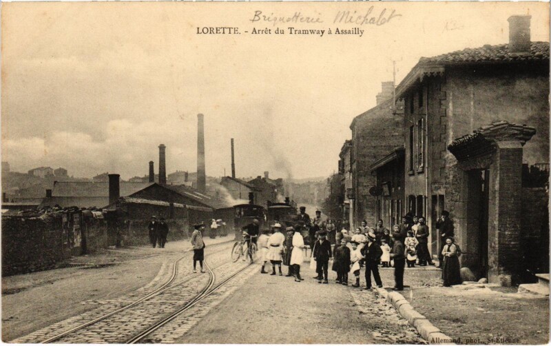 Carte postale ancienne Lorette Arret du Tram a Assailly Tram Vapeur à Lorette